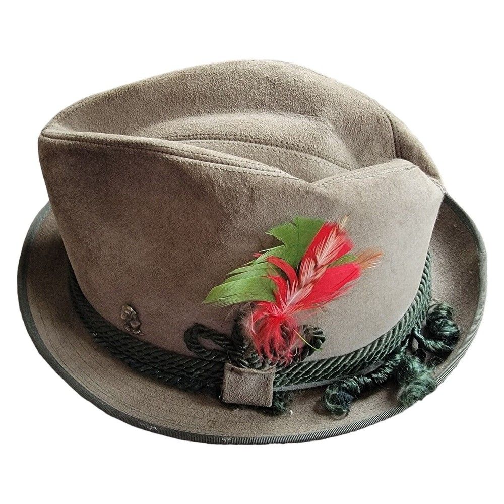 Vintage Hush Puppies Brushed Pigskin Leather Feather Hat Green Red 7 1/4
